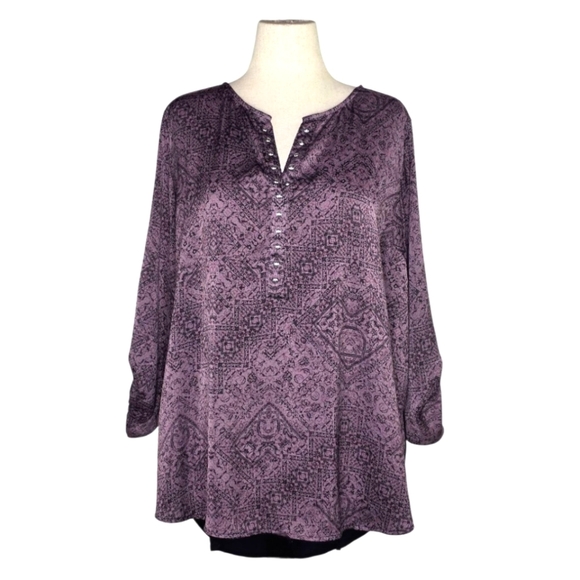 Rock & Republic 2X Purple Black Print Tunic Top Split Neck Button Detail - Picture 1 of 8